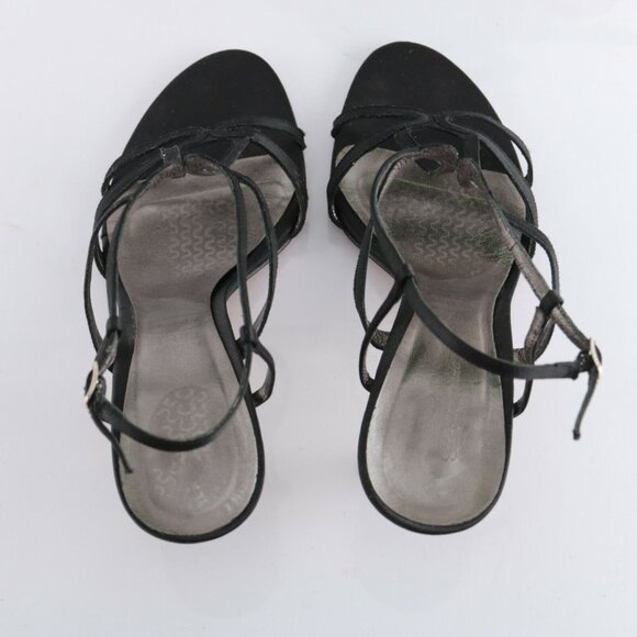 Faconnable Womens Sandal Size 10 Black Satin Strappy Caged High Heel Dress Shoe - Picture 10 of 12